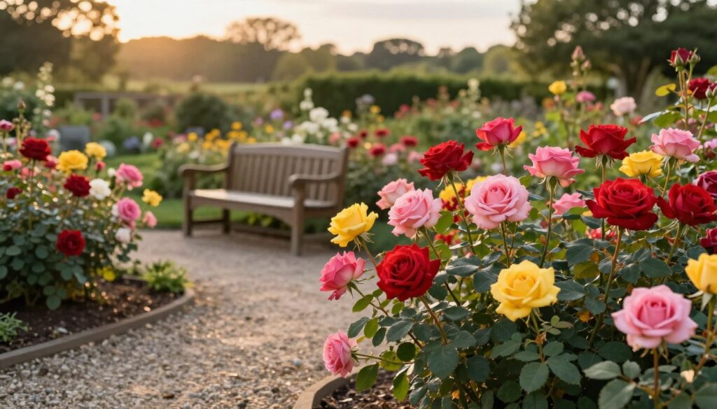 A vibrant garden scene with a cluster of elegant, blooming standard roses (róże pniu) prominently positioned in the foreground, showcasing their round, lush crowns of colorful blossoms—deep reds, soft pinks, and bright yellows. Each stem is robust, with healthy leaves sprouting around the base. In the middle ground, a rustic, sun-dappled pathway of gravel leads toward a charming wooden bench, inviting viewers to appreciate the beauty. The background features a softly blurred horizon of greenery and trees bathed in warm, golden hour lighting, creating a serene and inviting atmosphere. The mood is tranquil, embodying the joy of gardening and care for nature, with a depth of field that emphasizes the roses while offering a gentle, harmonious backdrop. A vibrant garden scene with a cluster of elegant, blooming standard roses (róże pniu) prominently positioned in the foreground, showcasing their round, lush crowns of colorful blossoms—deep reds, soft pinks, and bright yellows. Each stem is robust, with healthy leaves sprouting around the base. In the middle ground, a rustic, sun-dappled pathway of gravel leads toward a charming wooden bench, inviting viewers to appreciate the beauty. The background features a softly blurred horizon of greenery and trees bathed in warm, golden hour lighting, creating a serene and inviting atmosphere. The mood is tranquil, embodying the joy of gardening and care for nature, with a depth of field that emphasizes the roses while offering a gentle, harmonious backdrop.
