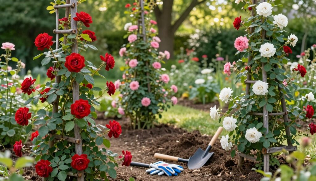 A vibrant garden setting showcasing the ideal position for climbing roses. In the foreground, healthy climbing rose plants are artistically entwined around a rustic trellis, displaying a mix of velvety red, pink, and white blossoms. In the middle ground, a well-prepared planting hole with fertile soil is visible, accompanied by gardening tools like a trowel and gloves. The background depicts lush green foliage, dappled sunlight filtering through trees, creating a serene and inviting atmosphere. The image captures a harmonious blend of nature and cultivation, highlighting tips for optimal growth of climbing roses. Soft, natural lighting enhances the vivid colors, while a slightly elevated angle offers an engaging perspective that draws the viewer into this enchanting garden scene. A vibrant garden setting showcasing the ideal position for climbing roses. In the foreground, healthy climbing rose plants are artistically entwined around a rustic trellis, displaying a mix of velvety red, pink, and white blossoms. In the middle ground, a well-prepared planting hole with fertile soil is visible, accompanied by gardening tools like a trowel and gloves. The background depicts lush green foliage, dappled sunlight filtering through trees, creating a serene and inviting atmosphere. The image captures a harmonious blend of nature and cultivation, highlighting tips for optimal growth of climbing roses. Soft, natural lighting enhances the vivid colors, while a slightly elevated angle offers an engaging perspective that draws the viewer into this enchanting garden scene.