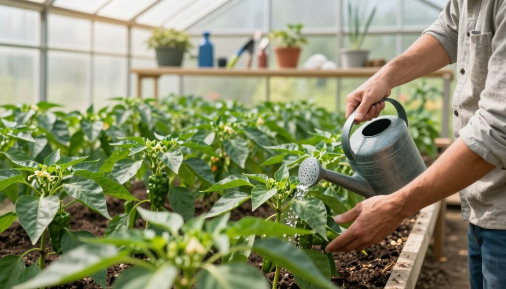 A vibrant greenhouse filled with healthy, lush pepper plants being nurtured. In the foreground, a gardener in modest casual clothing gently waters the pepper seedlings using a watering can, showcasing proper care techniques. The middle ground features rows of green pepper plants at different growth stages, some flowering, with rich green leaves glistening under natural sunlight. The background shows garden tools neatly arranged on a shelf, with soft, diffused sunlight filtering through the greenhouse’s glass panels, creating a warm and inviting atmosphere. The scene captures a sense of growth and nurturing, emphasizing the importance of care in supporting pepper plant development, with a depth of field focusing on the vibrant plants. A vibrant greenhouse filled with healthy, lush pepper plants being nurtured. In the foreground, a gardener in modest casual clothing gently waters the pepper seedlings using a watering can, showcasing proper care techniques. The middle ground features rows of green pepper plants at different growth stages, some flowering, with rich green leaves glistening under natural sunlight. The background shows garden tools neatly arranged on a shelf, with soft, diffused sunlight filtering through the greenhouse’s glass panels, creating a warm and inviting atmosphere. The scene captures a sense of growth and nurturing, emphasizing the importance of care in supporting pepper plant development, with a depth of field focusing on the vibrant plants.