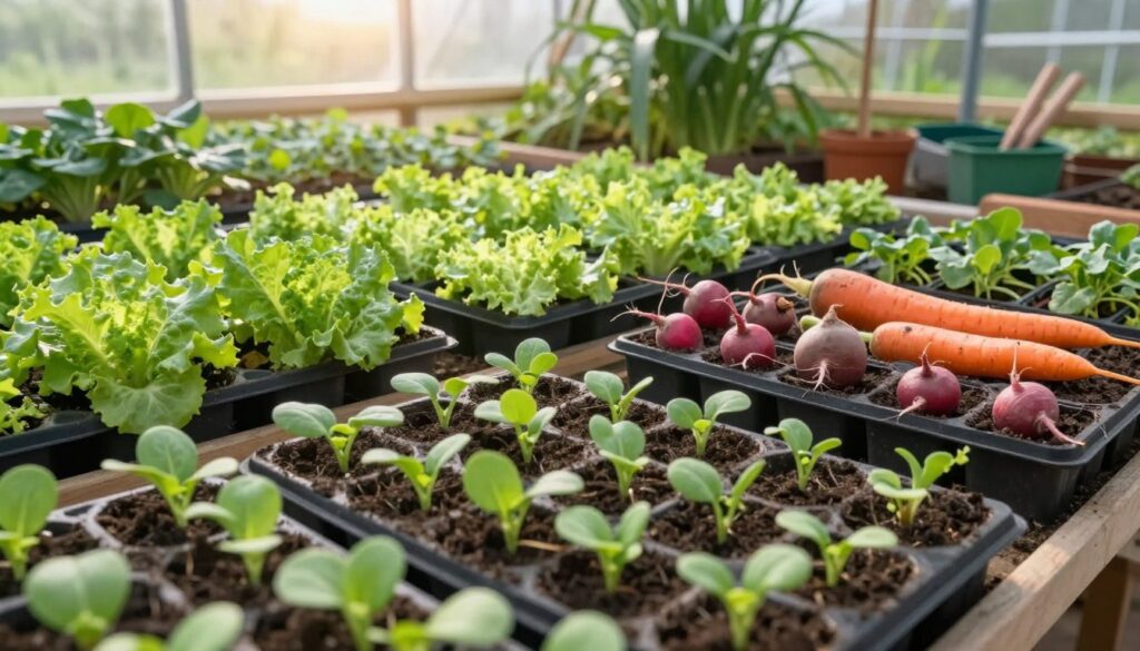 A vibrant greenhouse filled with neatly organized seed trays and potted seedlings representing early vegetables like lettuce, radishes, and carrots. The foreground features a close-up of healthy, green shoots sprouting from soil, showcasing the promising growth stage. In the middle ground, rows of trays are lit by soft, natural sunlight filtering through the glass panels, creating a warm and nurturing atmosphere. The background reveals lush greenery and a hint of gardening tools to suggest an active gardening space. The overall mood is one of hope and renewal, underscoring the importance of greenhouses in cultivating young plants for early harvests. The scene is beautifully captured from a slightly elevated angle, emphasizing the depth and arrangement of the greenhouse. A vibrant greenhouse filled with neatly organized seed trays and potted seedlings representing early vegetables like lettuce, radishes, and carrots. The foreground features a close-up of healthy, green shoots sprouting from soil, showcasing the promising growth stage. In the middle ground, rows of trays are lit by soft, natural sunlight filtering through the glass panels, creating a warm and nurturing atmosphere. The background reveals lush greenery and a hint of gardening tools to suggest an active gardening space. The overall mood is one of hope and renewal, underscoring the importance of greenhouses in cultivating young plants for early harvests. The scene is beautifully captured from a slightly elevated angle, emphasizing the depth and arrangement of the greenhouse.