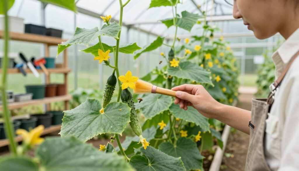 A vibrant greenhouse interior filled with lush cucumber plants, showcasing delicate yellow cucumber flowers ready for pollination. In the foreground, a skilled gardener in a clean, modest outfit is gently transferring pollen using a soft brush, showcasing meticulous care in the process. The middle ground focuses on the flowering cucumber vines, vividly green with rich textures and details, and bees buzzing nearby, contributing to the pollination. The background reveals shelves filled with gardening tools and pots, softly lit by natural sunlight filtering through clear glass panels, creating a warm and inviting atmosphere. The perspective is slightly angled, capturing depth while emphasizing the importance of pollination in greenhouse cultivation. A vibrant greenhouse interior filled with lush cucumber plants, showcasing delicate yellow cucumber flowers ready for pollination. In the foreground, a skilled gardener in a clean, modest outfit is gently transferring pollen using a soft brush, showcasing meticulous care in the process. The middle ground focuses on the flowering cucumber vines, vividly green with rich textures and details, and bees buzzing nearby, contributing to the pollination. The background reveals shelves filled with gardening tools and pots, softly lit by natural sunlight filtering through clear glass panels, creating a warm and inviting atmosphere. The perspective is slightly angled, capturing depth while emphasizing the importance of pollination in greenhouse cultivation.