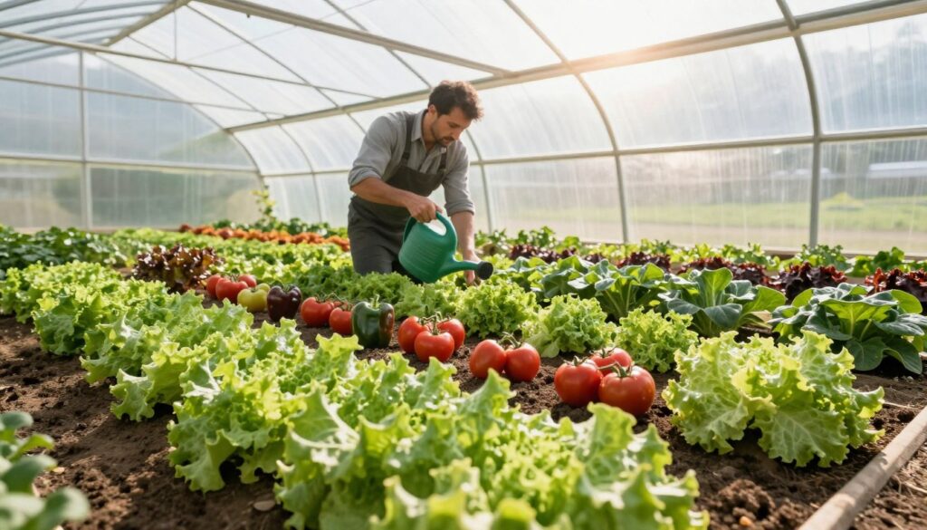 A vibrant greenhouse interior showcasing advanced agricultural techniques for maximizing crop yields in a plastic tunnel. In the foreground, healthy rows of assorted vegetables such as tomatoes, peppers, and lettuce thrive, surrounded by lush green foliage. The middle layer features a farmer in modest casual clothing, actively tending to the plants with a watering can, highlighting the hands-on approach to cultivation. The background displays the transparent curved plastic structure of the tunnel, allowing bright, natural sunlight to filter through, casting soft shadows on the soil. The atmosphere is warm and inviting, emphasizing growth and productivity, with a slight lens flare effect to enhance the feeling of a bright, sunny day in the greenhouse. A vibrant greenhouse interior showcasing advanced agricultural techniques for maximizing crop yields in a plastic tunnel. In the foreground, healthy rows of assorted vegetables such as tomatoes, peppers, and lettuce thrive, surrounded by lush green foliage. The middle layer features a farmer in modest casual clothing, actively tending to the plants with a watering can, highlighting the hands-on approach to cultivation. The background displays the transparent curved plastic structure of the tunnel, allowing bright, natural sunlight to filter through, casting soft shadows on the soil. The atmosphere is warm and inviting, emphasizing growth and productivity, with a slight lens flare effect to enhance the feeling of a bright, sunny day in the greenhouse.