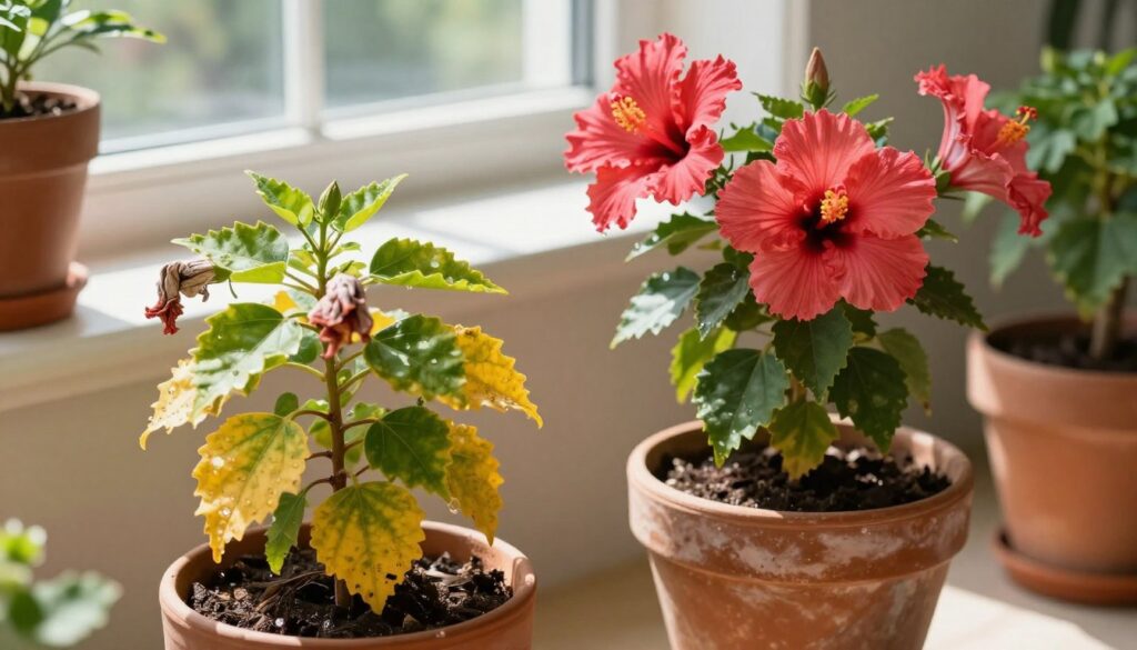 A vibrant indoor garden scene showcasing common hibiscus care mistakes. In the foreground, a struggling hibiscus plant with yellowing leaves and wilted flowers, highlighting overwatering and inadequate sunlight. Beside it, a terracotta pot with signs of nutrient deficiency, such as stunted growth and discoloration. In the middle ground, a well-maintained hibiscus blooming vibrantly, contrasting the unhealthy plant. The background features an attractive windowsill with natural light streaming in, creating a warm, inviting atmosphere. Soft shadows hint at early morning light. The focus is sharp on the plants, with a slight blur on the background to create depth. The overall mood is educational, emphasizing the importance of proper care techniques for healthy hibiscus plants. A vibrant indoor garden scene showcasing common hibiscus care mistakes. In the foreground, a struggling hibiscus plant with yellowing leaves and wilted flowers, highlighting overwatering and inadequate sunlight. Beside it, a terracotta pot with signs of nutrient deficiency, such as stunted growth and discoloration. In the middle ground, a well-maintained hibiscus blooming vibrantly, contrasting the unhealthy plant. The background features an attractive windowsill with natural light streaming in, creating a warm, inviting atmosphere. Soft shadows hint at early morning light. The focus is sharp on the plants, with a slight blur on the background to create depth. The overall mood is educational, emphasizing the importance of proper care techniques for healthy hibiscus plants.