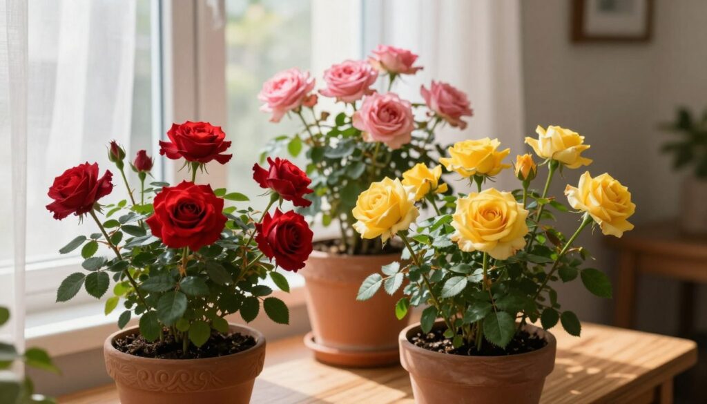 A vibrant indoor scene featuring potted roses (róże doniczce) in full bloom, showcasing a variety of colors such as deep red, soft pink, and bright yellow. In the foreground, a well-cared-for pot with intricate detailing sits on a wooden table. The middle ground captures a sunny window with sheer white curtains filtering warm light, illuminating the rich green leaves of the roses, highlighting their delicate petals. In the background, a softly blurred room with neutral tones enhances the cozy atmosphere. The lighting is bright yet soft, creating an inviting and serene mood. The composition emphasizes the beauty and health of the roses, while subtly suggesting a nurturing home environment ideal for indoor gardening. A vibrant indoor scene featuring potted roses (róże doniczce) in full bloom, showcasing a variety of colors such as deep red, soft pink, and bright yellow. In the foreground, a well-cared-for pot with intricate detailing sits on a wooden table. The middle ground captures a sunny window with sheer white curtains filtering warm light, illuminating the rich green leaves of the roses, highlighting their delicate petals. In the background, a softly blurred room with neutral tones enhances the cozy atmosphere. The lighting is bright yet soft, creating an inviting and serene mood. The composition emphasizes the beauty and health of the roses, while subtly suggesting a nurturing home environment ideal for indoor gardening.