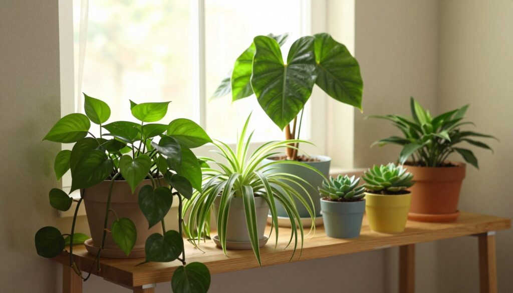 A vibrant indoor scene showcasing a variety of cat-safe plants to illustrate a pet-friendly environment. In the foreground, a lush pothos plant with trailing vines and a vibrant spider plant with long, arching leaves. The middle ground features a heartleaf philodendron, surrounded by small succulents in colorful pots. In the background, a sunlit window with sheer curtains filters soft, warm light into the room, creating a cozy atmosphere. The plants are arranged on a stylish wooden shelf, emphasizing their greenery against a light-colored wall. The image captures a calm, inviting mood, perfect for educating pet owners on safe plant choices for their homes. Use a soft focus on the background for depth, while keeping the plants sharply in focus. A vibrant indoor scene showcasing a variety of cat-safe plants to illustrate a pet-friendly environment. In the foreground, a lush pothos plant with trailing vines and a vibrant spider plant with long, arching leaves. The middle ground features a heartleaf philodendron, surrounded by small succulents in colorful pots. In the background, a sunlit window with sheer curtains filters soft, warm light into the room, creating a cozy atmosphere. The plants are arranged on a stylish wooden shelf, emphasizing their greenery against a light-colored wall. The image captures a calm, inviting mood, perfect for educating pet owners on safe plant choices for their homes. Use a soft focus on the background for depth, while keeping the plants sharply in focus.