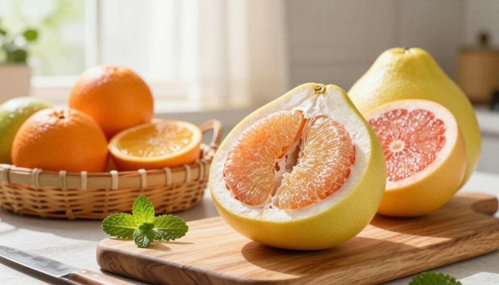 A vibrant kitchen scene featuring fresh pomelo fruits as the focal point. In the foreground, a beautifully presented pomelo, partially peeled to showcase its juicy, translucent segments, rests on a rustic wooden cutting board. Surrounding it are scattered mint leaves and a knife, hinting at preparation. In the middle, a colorful assortment of other seasonal fruits such as oranges and grapefruit is arranged in a woven basket. The background features a sunlit window with soft, sheer curtains that allow warm, natural light to filter through, casting gentle shadows. The mood is fresh and inviting, evoking a sense of culinary creativity and seasonal enjoyment. The composition focuses on texture and color, highlighting the lusciousness of the pomelo and the inviting ambiance of a home kitchen.