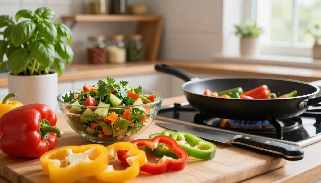 A vibrant kitchen scene showcasing practical applications of peppers. In the foreground, a cutting board adorned with sliced colorful bell peppers—red, yellow, and green—flanked by a sharp chef's knife. In the middle, a stylish bowl brimming with a fresh salad featuring diced peppers, herbs, and a light vinaigrette, alongside a sauté pan with peppers and other vegetables sizzling. The background features warm wooden kitchen shelves filled with jars of spices and herbs, a potted basil plant, and a window allowing soft natural light to illuminate the scene. The atmosphere is welcoming and inviting, ideal for culinary creativity. Close-up perspective for a dynamic feel, highlighting textures and colors. A vibrant kitchen scene showcasing practical applications of peppers. In the foreground, a cutting board adorned with sliced colorful bell peppers—red, yellow, and green—flanked by a sharp chef's knife. In the middle, a stylish bowl brimming with a fresh salad featuring diced peppers, herbs, and a light vinaigrette, alongside a sauté pan with peppers and other vegetables sizzling. The background features warm wooden kitchen shelves filled with jars of spices and herbs, a potted basil plant, and a window allowing soft natural light to illuminate the scene. The atmosphere is welcoming and inviting, ideal for culinary creativity. Close-up perspective for a dynamic feel, highlighting textures and colors.