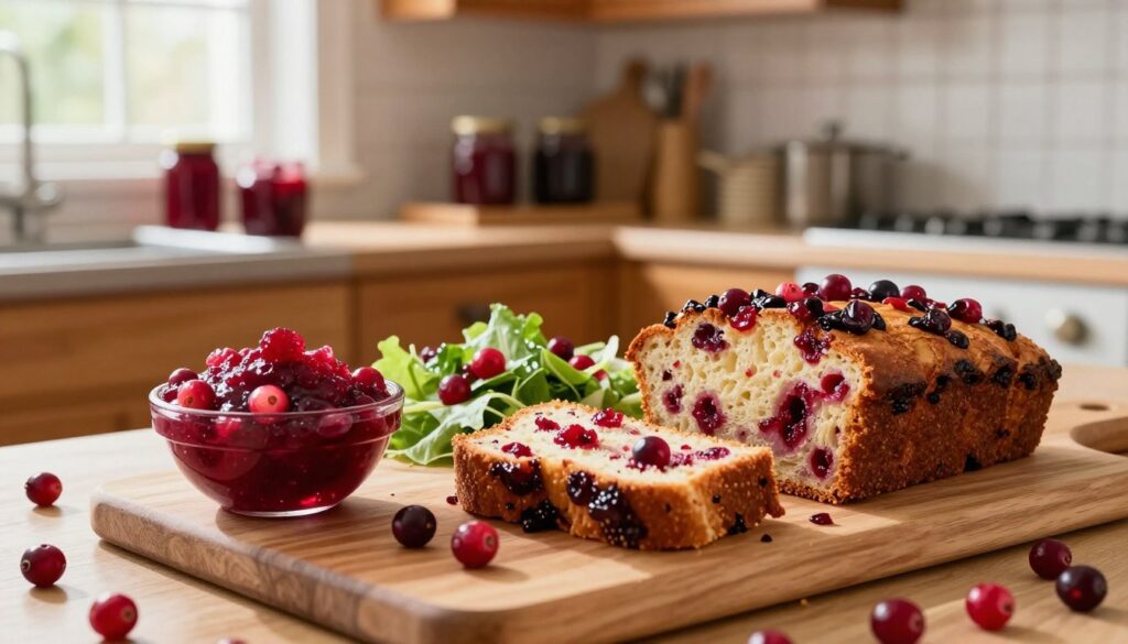A vibrant kitchen scene showcasing the culinary uses of fresh cranberries. In the foreground, a wooden cutting board displays an assortment of dishes made with cranberries: a colorful cranberry sauce in a small bowl, a slice of cranberry bread with glistening berries on top, and a fresh salad with cranberries sprinkled throughout. The middle of the image features a cozy kitchen environment, with soft natural light streaming in through a window, highlighting the rich red hues of the cranberries against a backdrop of warm wooden cabinets. The background includes a shelf filled with jars of cranberry preserves and dried cranberries, adding depth to the composition. The atmosphere is inviting and homey, perfect for inspiring cooking creativity.