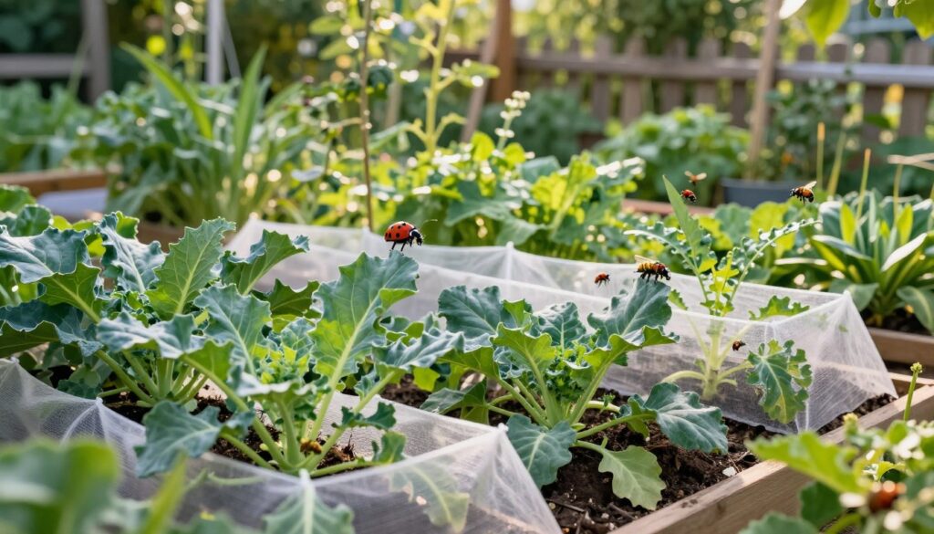 A vibrant, lush garden scene focused on plant protection against pests and diseases. In the foreground, healthy plants, including kohlrabi, are carefully tended with protective coverings like organic cloth or mesh. The middle ground features a variety of colorful beneficial insects, such as ladybugs and bees, actively engaging in the garden ecosystem. The background includes green foliage and wooden garden fences, suggesting a lush environment. Soft, dappled sunlight filters through the leaves, creating a warm and inviting atmosphere. The angle is slightly elevated, capturing the full beauty of the garden and its caretaking efforts. The overall mood is one of tranquility, diligence, and nature’s harmony, with no human figures present. A vibrant, lush garden scene focused on plant protection against pests and diseases. In the foreground, healthy plants, including kohlrabi, are carefully tended with protective coverings like organic cloth or mesh. The middle ground features a variety of colorful beneficial insects, such as ladybugs and bees, actively engaging in the garden ecosystem. The background includes green foliage and wooden garden fences, suggesting a lush environment. Soft, dappled sunlight filters through the leaves, creating a warm and inviting atmosphere. The angle is slightly elevated, capturing the full beauty of the garden and its caretaking efforts. The overall mood is one of tranquility, diligence, and nature’s harmony, with no human figures present.