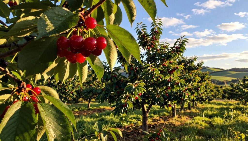 A vibrant orchard during the late afternoon, showcasing cherry trees at various stages of ripeness. In the foreground, clusters of bright red cherries hang from lush green leaves, glistening with morning dew. The middle ground features several cherry trees, their branches heavy with fruit, casting playful shadows on the grass below. In the background, rolling hills of the countryside stretch under a clear blue sky, dotted with wispy clouds, symbolizing the ideal weather for fruit maturation. The soft, golden sunlight filters through the leaves, creating a warm and inviting atmosphere that emphasizes the beauty of nature's cycle. The angle is slightly elevated, capturing both the fruit and the majestic trees, inviting viewers to reflect on the factors influencing fruit ripening. A vibrant orchard during the late afternoon, showcasing cherry trees at various stages of ripeness. In the foreground, clusters of bright red cherries hang from lush green leaves, glistening with morning dew. The middle ground features several cherry trees, their branches heavy with fruit, casting playful shadows on the grass below. In the background, rolling hills of the countryside stretch under a clear blue sky, dotted with wispy clouds, symbolizing the ideal weather for fruit maturation. The soft, golden sunlight filters through the leaves, creating a warm and inviting atmosphere that emphasizes the beauty of nature's cycle. The angle is slightly elevated, capturing both the fruit and the majestic trees, inviting viewers to reflect on the factors influencing fruit ripening.