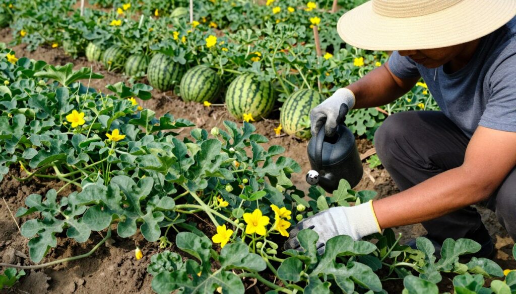 A vibrant scene in a lush garden focusing on the meticulous care of watermelon plants during their growth phase. In the foreground, healthy green watermelon plants thrive with lush, deep green leaves and bright yellow flowers attracting pollinators. The middle ground features a gardener, wearing a sun hat and gardening gloves, gently tending to the plants, applying a natural fertilizer with a watering can. The background showcases rows of watermelons nestled among the leaves, nestled under a warm afternoon sun, casting soft shadows. The atmosphere is serene and productive, evoking a sense of growth and nurturing, with bright, natural lighting enhancing the vivid colors of the plants. The angle captures the gardener's focused expression, emphasizing the dedication to nurturing the watermelon crop. A vibrant scene in a lush garden focusing on the meticulous care of watermelon plants during their growth phase. In the foreground, healthy green watermelon plants thrive with lush, deep green leaves and bright yellow flowers attracting pollinators. The middle ground features a gardener, wearing a sun hat and gardening gloves, gently tending to the plants, applying a natural fertilizer with a watering can. The background showcases rows of watermelons nestled among the leaves, nestled under a warm afternoon sun, casting soft shadows. The atmosphere is serene and productive, evoking a sense of growth and nurturing, with bright, natural lighting enhancing the vivid colors of the plants. The angle captures the gardener's focused expression, emphasizing the dedication to nurturing the watermelon crop.