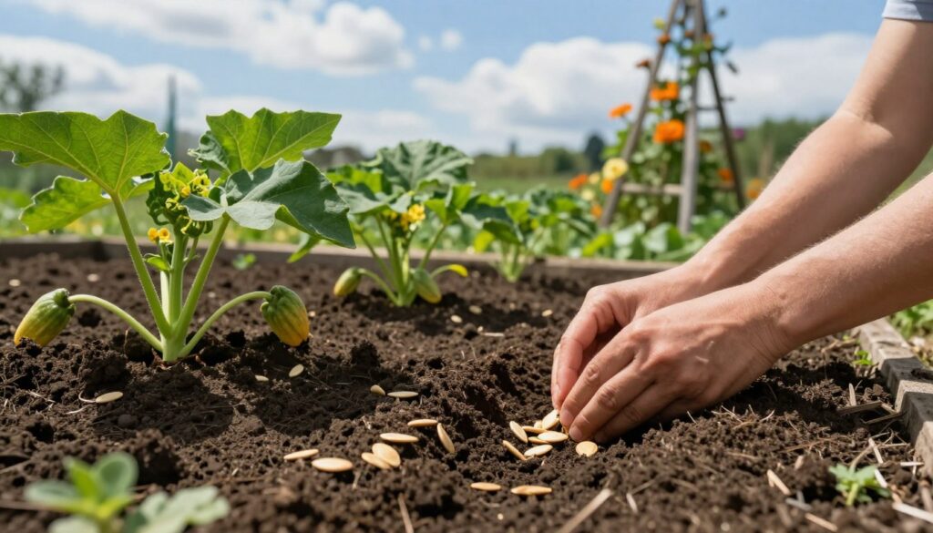 A vibrant scene of pumpkin seeds being sown into rich, dark soil in a garden bed. In the foreground, focus on a pair of hands gently placing the seeds into neat rows, with earth and small weeds scattered around. The middle ground showcases lush green leaves of young pumpkin plants just beginning to sprout, promising growth. The background features a bright blue sky with soft, white clouds, and a wooden trellis adorned with climbing flowers, adding warmth to the scene. The lighting is soft and natural, suggesting a sunny day, casting gentle shadows that enhance the textures of the soil and plants. The overall mood is hopeful and nurturing, reflecting the beginning of the planting season.