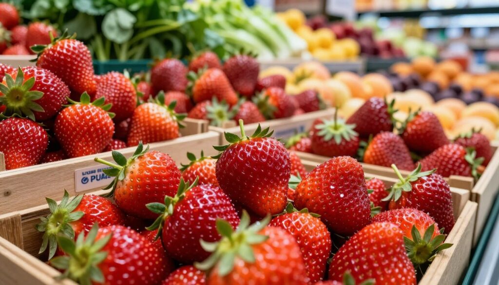 A vibrant scene showcasing a selection of fresh Polish strawberries on a grocery store shelf. In the foreground, a close-up view of plump, ripe strawberries with vivid red skin, glistening with droplets of water, highlighting their freshness. In the middle, a variety of strawberries are presented in rustic wooden crates, labeled subtly to suggest they are locally sourced. The background features blurred rows of produce, with leafy greens and other fruits, under warm, natural lighting that creates an inviting atmosphere. The angle is slightly overhead to capture the abundance of strawberries, evoking a sense of the peak strawberry season in Poland. The overall mood should be cheerful and fresh, emphasizing the joy of discovering seasonal berries. A vibrant scene showcasing a selection of fresh Polish strawberries on a grocery store shelf. In the foreground, a close-up view of plump, ripe strawberries with vivid red skin, glistening with droplets of water, highlighting their freshness. In the middle, a variety of strawberries are presented in rustic wooden crates, labeled subtly to suggest they are locally sourced. The background features blurred rows of produce, with leafy greens and other fruits, under warm, natural lighting that creates an inviting atmosphere. The angle is slightly overhead to capture the abundance of strawberries, evoking a sense of the peak strawberry season in Poland. The overall mood should be cheerful and fresh, emphasizing the joy of discovering seasonal berries.