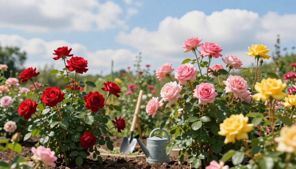 A vibrant summer garden scene focusing on blooming roses in various vivid colors, such as deep reds, soft pinks, and sunny yellows. In the foreground, several well-cared-for rose bushes are adorned with lush green leaves, showcasing healthy blooms. The middle ground features garden tools such as a trowel and a watering can, suggesting active care and maintenance. In the background, a bright blue sky and gentle sunlight filter through fluffy white clouds, creating a warm and inviting atmosphere. The scene captures the essence of summer gardening, emphasizing growth and nurturing. Use soft, natural lighting to enhance the freshness of the flowers and the greenery, adopting a slight depth of field to focus on the roses while subtly blurring the background for a more immersive effect.
