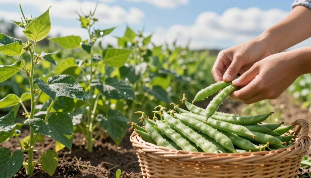 A vibrant, sunlit garden showcasing freshly harvested green beans, also known as string beans or fasolka szparagowa. In the foreground, a wicker basket overflowing with delicate, slender green pods glistening with dew, while a pair of hands carefully picks a few more from a lush, leafy plant. In the middle, rows of healthy green plants stand tall, their bright leaves contrasting with the earthy soil. The background features a blue sky dotted with fluffy clouds, enhancing the freshness of the scene. Soft, warm sunlight bathes the entire image, creating a cheerful and inviting atmosphere. The composition is framed with a shallow depth of field, focusing on the beans while softly blurring the background elements, emphasizing the beauty of the harvest. A vibrant, sunlit garden showcasing freshly harvested green beans, also known as string beans or fasolka szparagowa. In the foreground, a wicker basket overflowing with delicate, slender green pods glistening with dew, while a pair of hands carefully picks a few more from a lush, leafy plant. In the middle, rows of healthy green plants stand tall, their bright leaves contrasting with the earthy soil. The background features a blue sky dotted with fluffy clouds, enhancing the freshness of the scene. Soft, warm sunlight bathes the entire image, creating a cheerful and inviting atmosphere. The composition is framed with a shallow depth of field, focusing on the beans while softly blurring the background elements, emphasizing the beauty of the harvest.