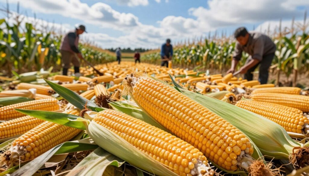 A vibrant, sunny cornfield during harvest season, showcasing a bountiful collection of corn ready for silage. In the foreground, a close-up of plump, golden corn cobs, ripe and slightly dewy, resting among lush green leaves. The middle ground features farm workers in modest casual clothing, carefully harvesting corn with tools, their expressions focused and content. In the background, a beautiful blue sky with soft, fluffy clouds complements the golden landscape, enhancing the warm atmosphere. The scene is illuminated by natural sunlight, casting soft shadows that create depth. The overall mood is one of productivity and joy, celebrating the sweetness of corn and the hard work of the harvest season.