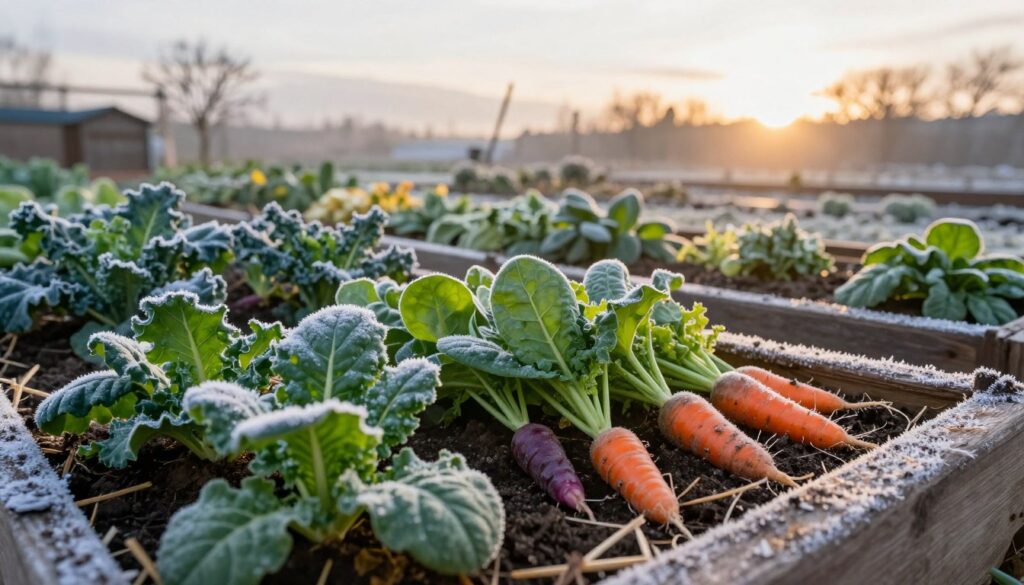 A vibrant winter garden scene showcasing a variety of winter vegetables ready for planting, such as kale, spinach, and carrots. In the foreground, detailed close-ups of healthy, fresh green leaves and colorful roots peeking through the soil. The middle ground features raised garden beds mulched with straw, with frost gently shimmering on the surface, indicating a serene winter atmosphere. The background depicts a soft, hazy winter sky with a delicate sunrise, casting warm golden light that contrasts with the cool colors of the frost. The overall mood is tranquil and hopeful, evoking a sense of preparation for the upcoming spring harvest. The composition captures the essence of winter gardening, emphasizing the resilience of these vegetables despite the cold.