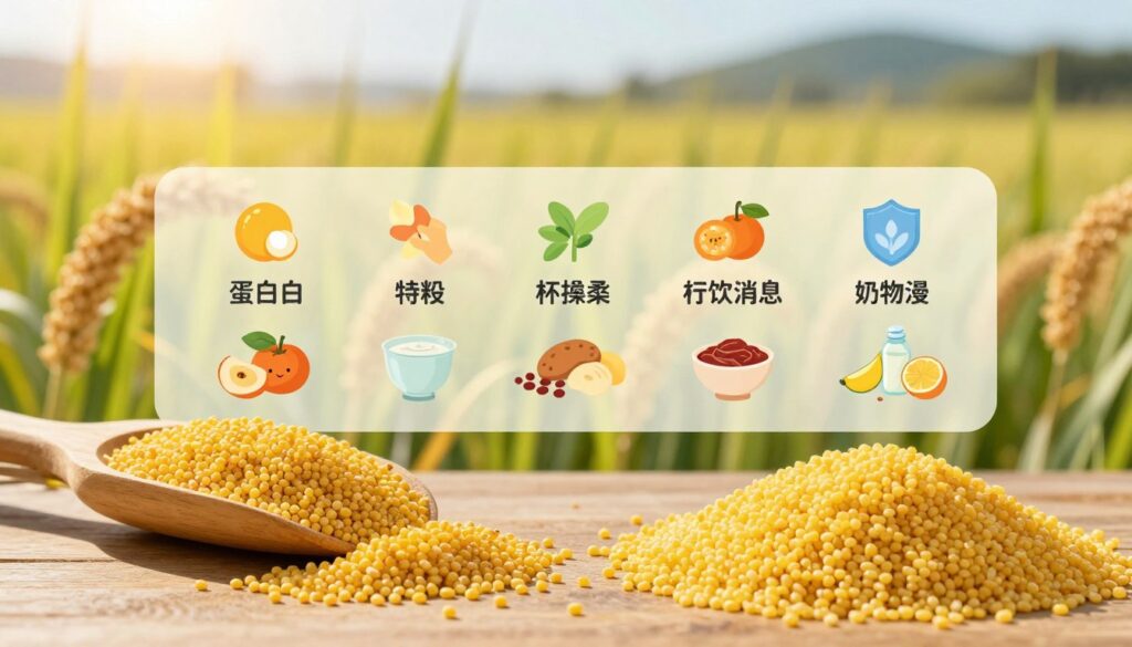 A visually appealing illustration of the nutritional values of millet, showcasing detailed elements such as vitamins, minerals, and active ingredients. In the foreground, place an elegant arrangement of whole millet grains and dishes made from millet, emphasizing the texture and color variety. In the middle ground, feature a vibrant infographic highlighting key nutrients like protein, fiber, and essential vitamins, styled with engaging icons and imagery. In the background, create a soft-focus natural setting that suggests the origin of millet, with lush green fields under warm, inviting sunlight. Use warm, natural lighting to create a wholesome and educational atmosphere. The composition should be balanced, focusing on clarity and engagement, without any text or watermarks.