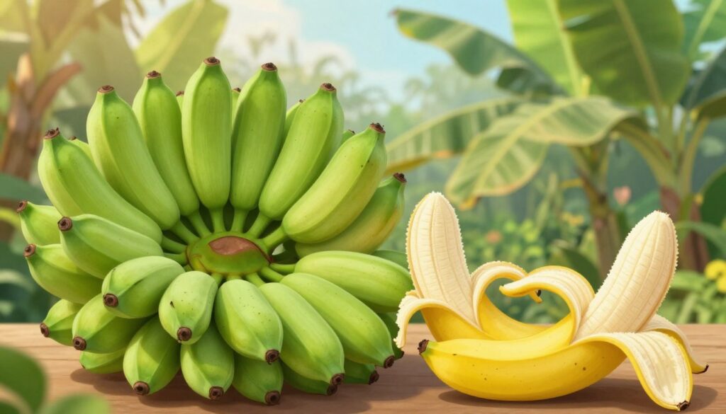 A vivid and informative illustration of the stages of banana ripening, capturing the journey from green to ripe and then to overripe bananas. In the foreground, display a bunch of bananas in various stages of maturity, showcasing their colors transitioning from bright green to yellow with brown speckles. In the middle, include individual bananas cut in half, revealing their creamy flesh, highlighting the nutritional changes. The background should feature a lush tropical setting, with leafy banana plants gently swaying under soft, diffused sunlight. Use a macro lens perspective to emphasize texture and detail, creating a warm and inviting atmosphere that reflects the natural beauty of bananas. The overall mood should be bright, fresh, and educational.
