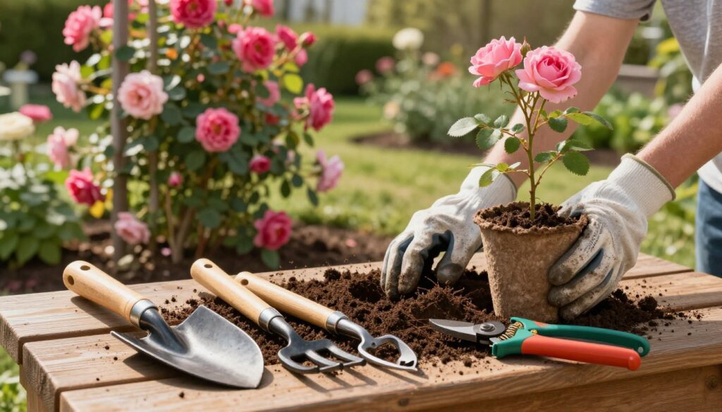 A well-arranged garden scene showcasing essential tools for planting climbing roses. In the foreground, a sturdy trowel, garden fork, and a pruning shear are artistically laid out on a wooden gardening bench, with rich brown soil scattered around. In the middle ground, a pair of gloved hands delicately preparing a hole in the soil, while a young climbing rose in a biodegradable pot waits to be planted. The background features a trellis covered with vibrant climbing roses in full bloom, basking in soft morning sunlight, with a slightly blurred garden setting that creates depth. The overall atmosphere is serene and inviting, emphasizing the joy of gardening. The lighting should be warm and natural, highlighting the textures of the tools and flowers. A well-arranged garden scene showcasing essential tools for planting climbing roses. In the foreground, a sturdy trowel, garden fork, and a pruning shear are artistically laid out on a wooden gardening bench, with rich brown soil scattered around. In the middle ground, a pair of gloved hands delicately preparing a hole in the soil, while a young climbing rose in a biodegradable pot waits to be planted. The background features a trellis covered with vibrant climbing roses in full bloom, basking in soft morning sunlight, with a slightly blurred garden setting that creates depth. The overall atmosphere is serene and inviting, emphasizing the joy of gardening. The lighting should be warm and natural, highlighting the textures of the tools and flowers.