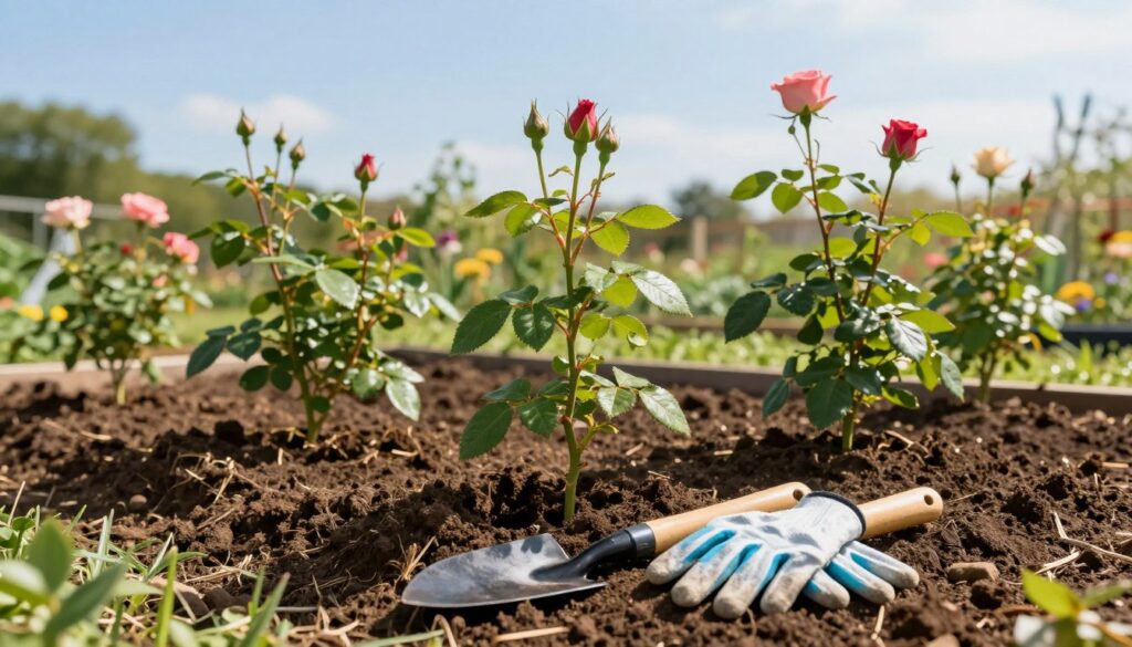A well-organized garden space prepared for planting roses, showcasing a neat arrangement of soil beds enriched with compost. In the foreground, gardening tools such as a trowel and gloves are placed beside freshly dug holes ready for rose seedlings. The middle ground features vibrant rose plants in various stages of growth, highlighting healthy green leaves and budding flowers. In the background, a bright blue sky casts soft sunlight on the scene, creating a serene, inviting atmosphere. A subtle depth of field emphasizes the plants and tools while blurring the distant garden elements. The overall mood is hopeful and focused, embodying the careful preparation necessary for successful rose planting. A well-organized garden space prepared for planting roses, showcasing a neat arrangement of soil beds enriched with compost. In the foreground, gardening tools such as a trowel and gloves are placed beside freshly dug holes ready for rose seedlings. The middle ground features vibrant rose plants in various stages of growth, highlighting healthy green leaves and budding flowers. In the background, a bright blue sky casts soft sunlight on the scene, creating a serene, inviting atmosphere. A subtle depth of field emphasizes the plants and tools while blurring the distant garden elements. The overall mood is hopeful and focused, embodying the careful preparation necessary for successful rose planting.