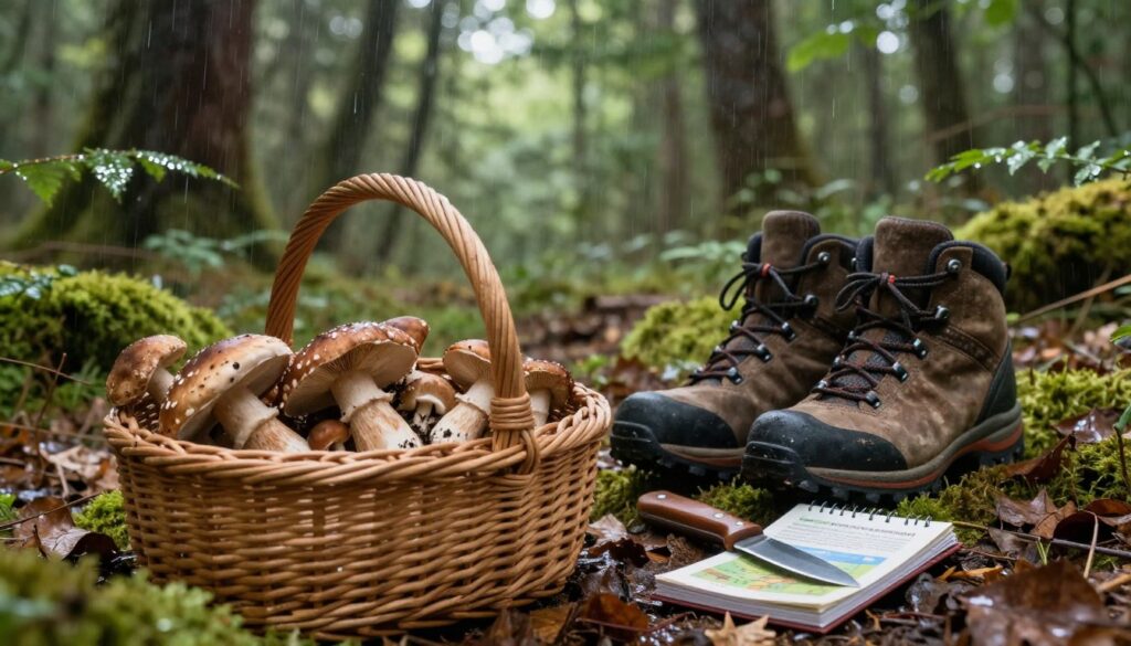 A well-organized woodsy scene featuring essential mushroom foraging equipment. In the foreground, a wicker basket filled with freshly picked mushrooms, alongside a knife and a small folding field guide about mushrooms. The middle ground showcases a pair of sturdy, well-worn hiking boots resting on a bed of moss and leaves, with a light rain pattern creating glistening effects on the foliage. The background is a lush forest with tall trees and dappled sunlight filtering through the leaves, casting a serene and inviting atmosphere. Soft, natural lighting enhances the greens and browns of the environment, while the angle of view is slightly elevated, providing depth to the scene. The mood is tranquil and inquisitive, perfect for capturing the essence of a dedicated mushroom forager's adventure. A well-organized woodsy scene featuring essential mushroom foraging equipment. In the foreground, a wicker basket filled with freshly picked mushrooms, alongside a knife and a small folding field guide about mushrooms. The middle ground showcases a pair of sturdy, well-worn hiking boots resting on a bed of moss and leaves, with a light rain pattern creating glistening effects on the foliage. The background is a lush forest with tall trees and dappled sunlight filtering through the leaves, casting a serene and inviting atmosphere. Soft, natural lighting enhances the greens and browns of the environment, while the angle of view is slightly elevated, providing depth to the scene. The mood is tranquil and inquisitive, perfect for capturing the essence of a dedicated mushroom forager's adventure.
