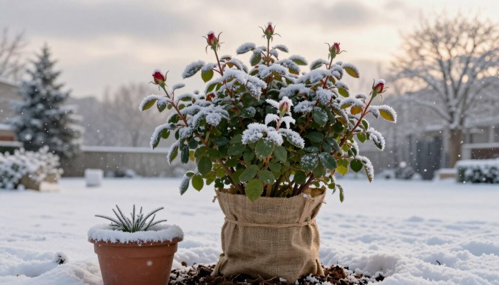 A winter scene focusing on the protective methods for a rose tree, showcasing a well-mulched rose bush with a sturdy burlap wrap around its trunk. In the foreground, a frost-covered flower pot sits beside the plant, with glistening snowflakes and delicate frost patterns visible. The middle of the image features the rose tree, its vibrant green leaves contrasted against the white winter landscape, with hints of blooming roses peeking through the protective layers. The background includes a gently falling snow, soft gray clouds, and distant leafless trees, creating a serene and tranquil atmosphere. Warm, diffused lighting enhances the peaceful mood, suggesting a calm winter day. The focus is sharp on the rose tree, capturing the essence of winter plant care. A winter scene focusing on the protective methods for a rose tree, showcasing a well-mulched rose bush with a sturdy burlap wrap around its trunk. In the foreground, a frost-covered flower pot sits beside the plant, with glistening snowflakes and delicate frost patterns visible. The middle of the image features the rose tree, its vibrant green leaves contrasted against the white winter landscape, with hints of blooming roses peeking through the protective layers. The background includes a gently falling snow, soft gray clouds, and distant leafless trees, creating a serene and tranquil atmosphere. Warm, diffused lighting enhances the peaceful mood, suggesting a calm winter day. The focus is sharp on the rose tree, capturing the essence of winter plant care.