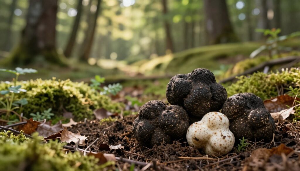 An elegant and rich depiction of key truffle species found in Poland, set in a serene forest environment. In the foreground, display various truffles, including the prized black truffle and the white truffle, partially buried in the rich, dark soil, surrounded by moss and fallen leaves. In the middle ground, showcase a gentle rolling landscape of lush, green woods, with hints of wild herbs and roots that symbolize their growth conditions. In the background, capture soft, diffused sunlight filtering through tree branches, casting dappled shadows that evoke a tranquil and inviting atmosphere. Use a shallow depth of field to create focus on the truffles, while the background remains softly blurred. Aim for a warm, natural color palette to evoke the earthy essence of truffle hunting. An elegant and rich depiction of key truffle species found in Poland, set in a serene forest environment. In the foreground, display various truffles, including the prized black truffle and the white truffle, partially buried in the rich, dark soil, surrounded by moss and fallen leaves. In the middle ground, showcase a gentle rolling landscape of lush, green woods, with hints of wild herbs and roots that symbolize their growth conditions. In the background, capture soft, diffused sunlight filtering through tree branches, casting dappled shadows that evoke a tranquil and inviting atmosphere. Use a shallow depth of field to create focus on the truffles, while the background remains softly blurred. Aim for a warm, natural color palette to evoke the earthy essence of truffle hunting.