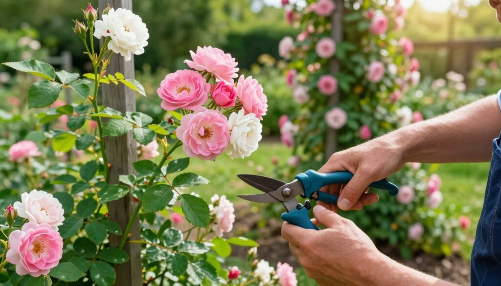 An experienced gardener pruning climbing roses in a lush garden setting. In the foreground, a close-up of the gardener’s hands delicately cutting back vibrant green stems filled with bright pink and white roses using shears. The middle ground features a variety of climbing rose varieties, showcasing their different growth patterns, with healthy foliage and blooming flowers. The background includes a trellis adorned with roses, bathed in soft, warm sunlight, creating an inviting and serene atmosphere. The scene captures the essence of care and expertise in horticulture, emphasizing the technique of pruning while highlighting the natural beauty of the climbing roses. The lighting is bright and natural, emphasizing the colors and textures, while a shallow depth of field gently blurs the background. An experienced gardener pruning climbing roses in a lush garden setting. In the foreground, a close-up of the gardener’s hands delicately cutting back vibrant green stems filled with bright pink and white roses using shears. The middle ground features a variety of climbing rose varieties, showcasing their different growth patterns, with healthy foliage and blooming flowers. The background includes a trellis adorned with roses, bathed in soft, warm sunlight, creating an inviting and serene atmosphere. The scene captures the essence of care and expertise in horticulture, emphasizing the technique of pruning while highlighting the natural beauty of the climbing roses. The lighting is bright and natural, emphasizing the colors and textures, while a shallow depth of field gently blurs the background.