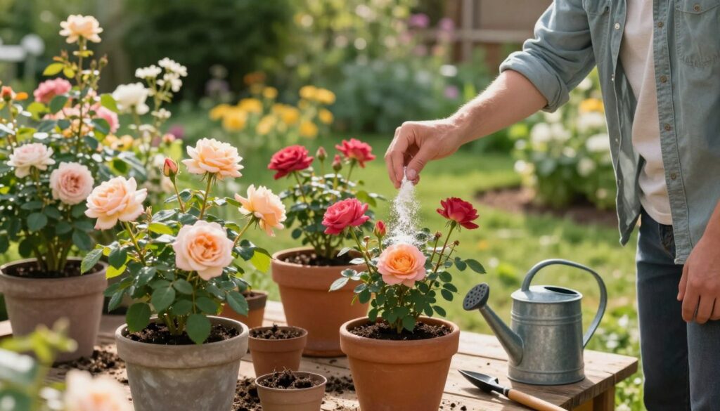 An inviting garden scene showcasing techniques for applying fertilizers in pots and flower beds. In the foreground, a gardener in modest casual clothing gently sprinkles organic fertilizer around vibrant rose bushes in full bloom. The middle ground features various pots with blooming flowers, highlighting different planting techniques, while a small watering can and gardening tools rest nearby. The background reveals a lush, green garden with a soft focus on greenery, bathed in warm sunlight that creates a tranquil atmosphere. The scene is captured with a slightly angled view to emphasize depth, using natural lighting to enhance the colors of the roses and the surrounding foliage.