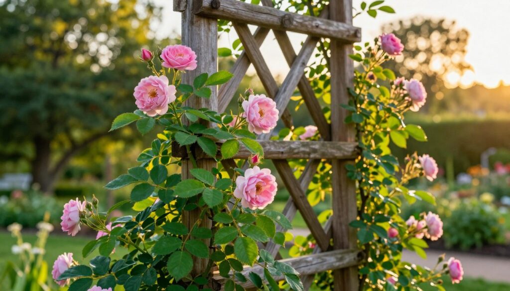Climbing rose shoots gracefully entwined on a sturdy wooden trellis, showcasing their vibrant green leaves and delicate pink blossoms. The foreground features a close-up of lush foliage and a few buds just beginning to bloom, highlighting the beauty of spring growth. In the middle ground, the trellis provides structure, with intersecting wooden beams creating an inviting pattern for the climbing roses. The background reveals a soft-focus garden, filled with sunlight filtering through trees, evoking a warm and tranquil atmosphere. The scene is bathed in golden hour lighting, casting a gentle glow over the roses, emphasizing their vivid colors and enhancing the overall serene mood of the gardening setting. Climbing rose shoots gracefully entwined on a sturdy wooden trellis, showcasing their vibrant green leaves and delicate pink blossoms. The foreground features a close-up of lush foliage and a few buds just beginning to bloom, highlighting the beauty of spring growth. In the middle ground, the trellis provides structure, with intersecting wooden beams creating an inviting pattern for the climbing roses. The background reveals a soft-focus garden, filled with sunlight filtering through trees, evoking a warm and tranquil atmosphere. The scene is bathed in golden hour lighting, casting a gentle glow over the roses, emphasizing their vivid colors and enhancing the overall serene mood of the gardening setting.