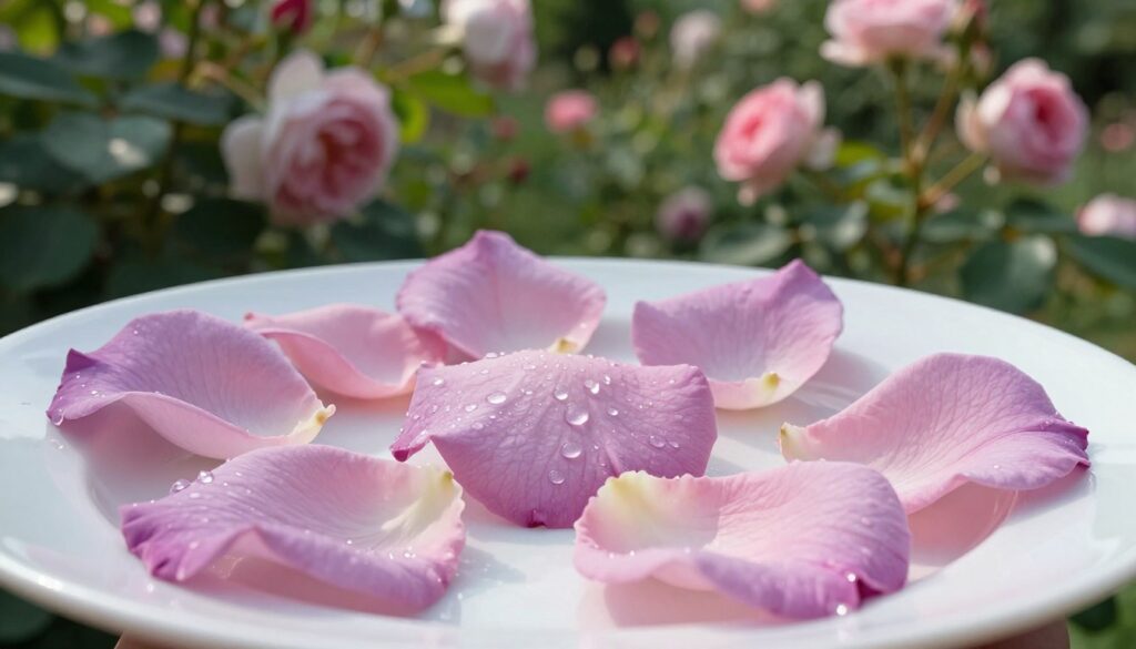 Delicate rose petals in soft pastel shades of pink and lavender, arranged artistically on a clean white plate, showcasing their intricate textures and natural sheen. In the foreground, droplets of dew glisten on the petals, highlighting their freshness. The middle ground features a blurred green garden background filled with blooming roses, creating a serene, lush atmosphere. Soft, diffused sunlight filters through the leaves, casting gentle shadows that enhance the petals' vibrant colors. The mood is tranquil and inviting, evoking a sense of nature's beauty and culinary potential. Capture this scene from a low angle, with a shallow depth of field that beautifully blurs the background, ensuring the rose petals are the focal point of the image. Delicate rose petals in soft pastel shades of pink and lavender, arranged artistically on a clean white plate, showcasing their intricate textures and natural sheen. In the foreground, droplets of dew glisten on the petals, highlighting their freshness. The middle ground features a blurred green garden background filled with blooming roses, creating a serene, lush atmosphere. Soft, diffused sunlight filters through the leaves, casting gentle shadows that enhance the petals' vibrant colors. The mood is tranquil and inviting, evoking a sense of nature's beauty and culinary potential. Capture this scene from a low angle, with a shallow depth of field that beautifully blurs the background, ensuring the rose petals are the focal point of the image.