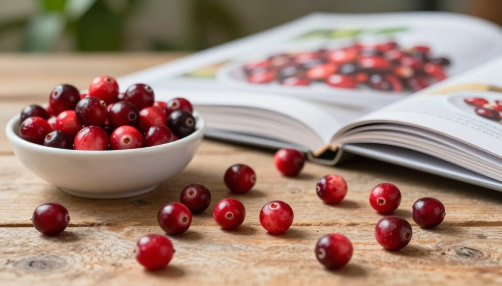 Fresh cranberries scattered artistically on a rustic wooden table, showcasing their vibrant red color and unique texture. In the foreground, a bowl overflowing with glistening cranberries, reflecting natural light. The middle ground features an open cookbook, displaying a delicious cranberry recipe, lightly out of focus to create depth. In the background, soft blurred greenery suggests a kitchen herb garden, adding a touch of freshness. The lighting is warm and inviting, hinting at a cozy kitchen atmosphere, with gentle shadows to enhance the cranberries' glossy surface. The overall mood is wholesome and nutritious, capturing the essence of cranberries' health benefits in a culinary context.