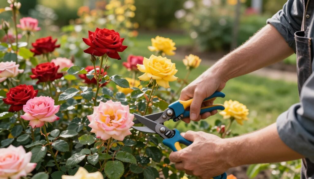 In a well-maintained garden, a professional gardener in modest casual clothing carefully prunes a rose bush, focusing on the safety of the task. The foreground features the gardener's hands, gently holding pruning shears, precise and deliberate in their movements. In the middle ground, the vibrant roses display a mix of colors – deep reds, soft pinks, and sunny yellows. The background showcases a lush green garden with sunlight filtering through the leaves, casting a warm and inviting glow. The angle captures the intimate interaction between the gardener and the flowers, with emphasis on technique and care, evoking a serene and productive mood perfect for winter preparation. In a well-maintained garden, a professional gardener in modest casual clothing carefully prunes a rose bush, focusing on the safety of the task. The foreground features the gardener's hands, gently holding pruning shears, precise and deliberate in their movements. In the middle ground, the vibrant roses display a mix of colors – deep reds, soft pinks, and sunny yellows. The background showcases a lush green garden with sunlight filtering through the leaves, casting a warm and inviting glow. The angle captures the intimate interaction between the gardener and the flowers, with emphasis on technique and care, evoking a serene and productive mood perfect for winter preparation.