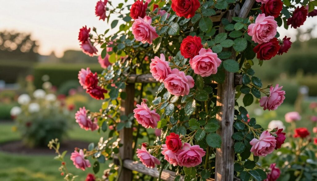 Lush climbing roses (róże pnące) in full bloom, their vibrant petals in shades of deep red and soft pink cascading gracefully over a rustic wooden trellis. In the foreground, dew-kissed leaves glisten. The middle ground features the trellis entwined with healthy green foliage, showcasing the natural beauty and intricate details of the roses. In the background, a soft-focus garden scene with blurred hues of greenery and distant flowers enhances the composition. The lighting is warm and golden, reminiscent of late afternoon sun, creating a serene, inviting atmosphere. The image captures the delicate balance of nature, emphasizing the care and attention required for maintaining climbing roses.