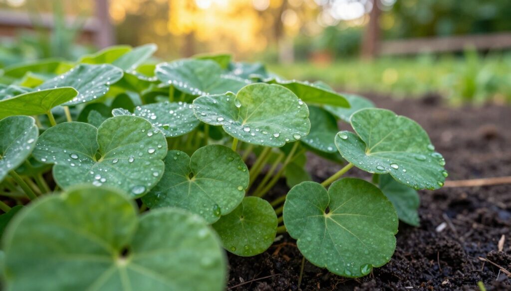 Lush green leaves of sorrel (liście szczawiu) captured in a close-up view, showcasing their vibrant, smooth texture and distinctive arrowhead shape. The foreground highlights the deep green color and subtle veins of the leaves, glistening with morning dew, embodying freshness. In the middle ground, a few young leaves are cradled on rich, dark soil, emphasizing their early-season vitality. The background features a soft-focus garden scene, bathed in warm, golden sunlight filtering through trees, creating an inviting, peaceful atmosphere. The image should evoke a sense of seasonal renewal and the joy of foraging, with a crisp, natural aesthetic. Use a macro lens effect to bring out the intricate details of the leaves while maintaining a soft bokeh effect in the background. Lush green leaves of sorrel (liście szczawiu) captured in a close-up view, showcasing their vibrant, smooth texture and distinctive arrowhead shape. The foreground highlights the deep green color and subtle veins of the leaves, glistening with morning dew, embodying freshness. In the middle ground, a few young leaves are cradled on rich, dark soil, emphasizing their early-season vitality. The background features a soft-focus garden scene, bathed in warm, golden sunlight filtering through trees, creating an inviting, peaceful atmosphere. The image should evoke a sense of seasonal renewal and the joy of foraging, with a crisp, natural aesthetic. Use a macro lens effect to bring out the intricate details of the leaves while maintaining a soft bokeh effect in the background.