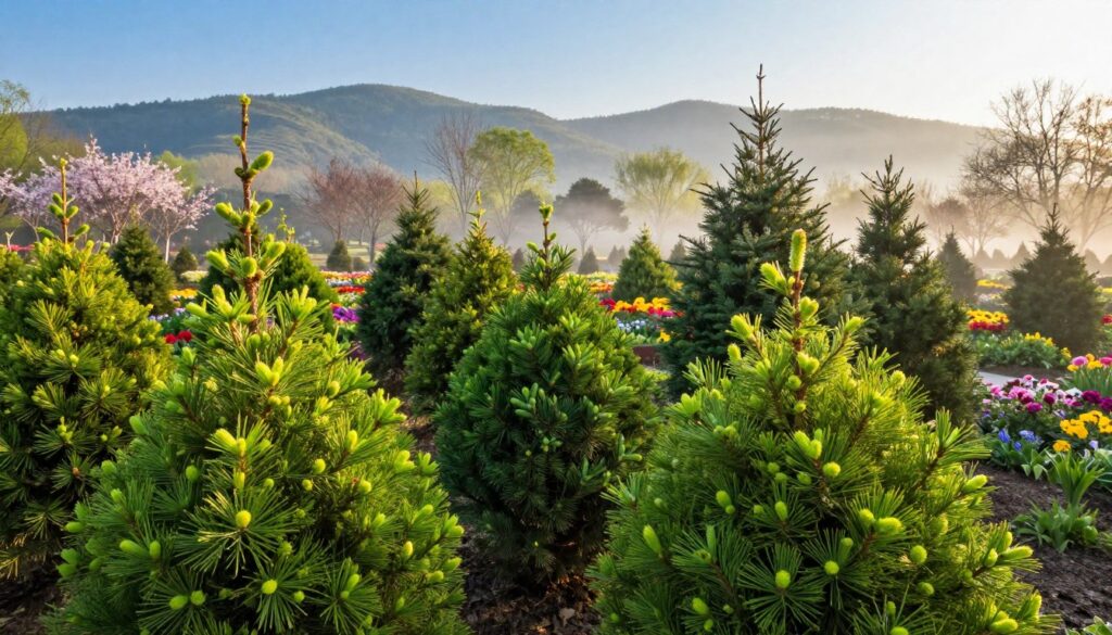Spring awakening of coniferous plants, showcasing vibrant green tufts of newly sprouted needles on various species of junipers, spruces, and thuja in the foreground. The middle ground features a lush garden setting, with a mixture of conifers amidst colorful blossoming flowers, all bathed in soft morning sunlight filtering through a gentle mist. In the background, a serene landscape of rolling hills under a clear blue sky enhances the refreshing scene. The image should capture the essence of renewal and growth, conveying a sense of tranquility and vitality. Utilize a wide-angle view to encompass the full beauty of this springtime awakening, ensuring brilliant colors and warmth infuse the atmosphere. Spring awakening of coniferous plants, showcasing vibrant green tufts of newly sprouted needles on various species of junipers, spruces, and thuja in the foreground. The middle ground features a lush garden setting, with a mixture of conifers amidst colorful blossoming flowers, all bathed in soft morning sunlight filtering through a gentle mist. In the background, a serene landscape of rolling hills under a clear blue sky enhances the refreshing scene. The image should capture the essence of renewal and growth, conveying a sense of tranquility and vitality. Utilize a wide-angle view to encompass the full beauty of this springtime awakening, ensuring brilliant colors and warmth infuse the atmosphere.