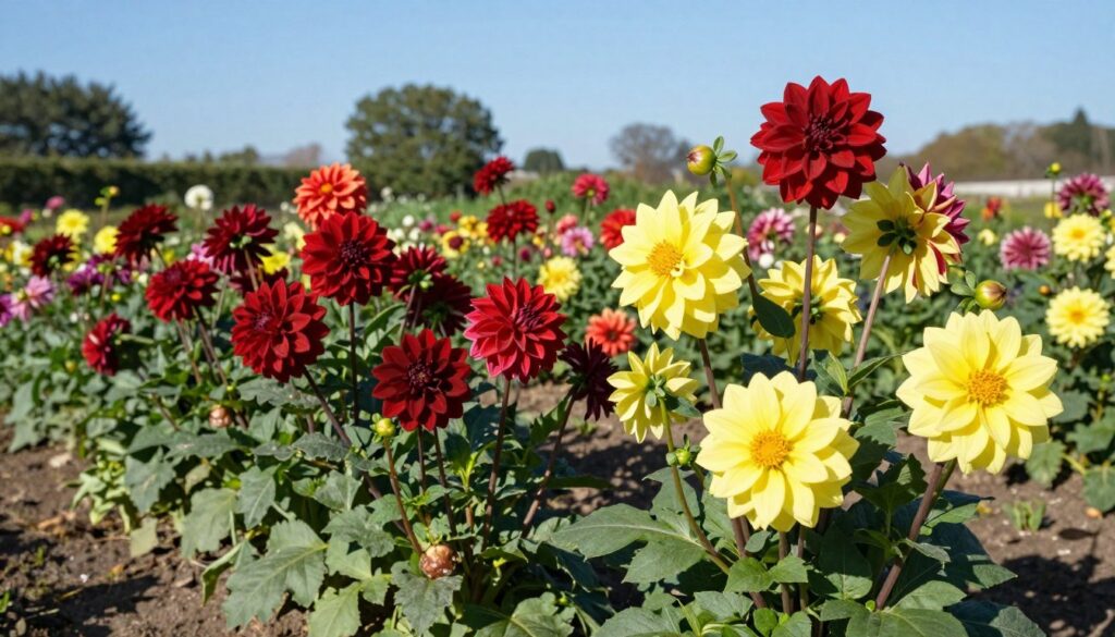 Vibrant and lush dahlia garden in full bloom, showcasing a variety of dahlia plants with rich colors from deep reds to bright yellows. In the foreground, focus on well-maintained dahlia plants featuring sturdy stems and lush foliage, some with visible tubers. The middle ground reveals additional clusters of dahlias, creating a vibrant tapestry of colors, all set under a clear blue sky. The background includes a soft, blurred view of a sunny garden landscape with hints of green foliage and distant trees. Natural sunlight bathes the scene, casting gentle shadows for depth. The overall mood is serene and flourishing, evoking a sense of care and nurturing essential for successful dahlia cultivation. Vibrant and lush dahlia garden in full bloom, showcasing a variety of dahlia plants with rich colors from deep reds to bright yellows. In the foreground, focus on well-maintained dahlia plants featuring sturdy stems and lush foliage, some with visible tubers. The middle ground reveals additional clusters of dahlias, creating a vibrant tapestry of colors, all set under a clear blue sky. The background includes a soft, blurred view of a sunny garden landscape with hints of green foliage and distant trees. Natural sunlight bathes the scene, casting gentle shadows for depth. The overall mood is serene and flourishing, evoking a sense of care and nurturing essential for successful dahlia cultivation.